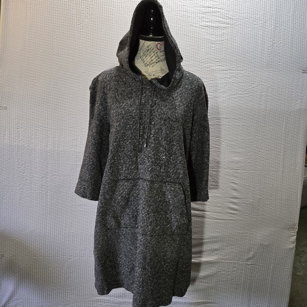 Per Se Clip-back Silk Cotton Blend Long Sleeve Hooded Gray Dress